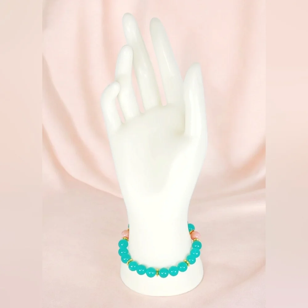 Teal Chrysoprase Peach Jade Stretch Bracelet Western Aztec Southwestern Beachy